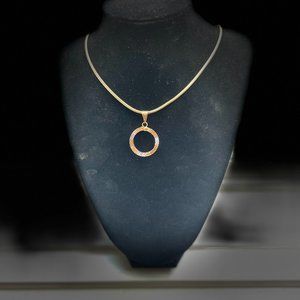 750 Signed 18K Yellow Gold Double ring pendant on gold tone snake chain